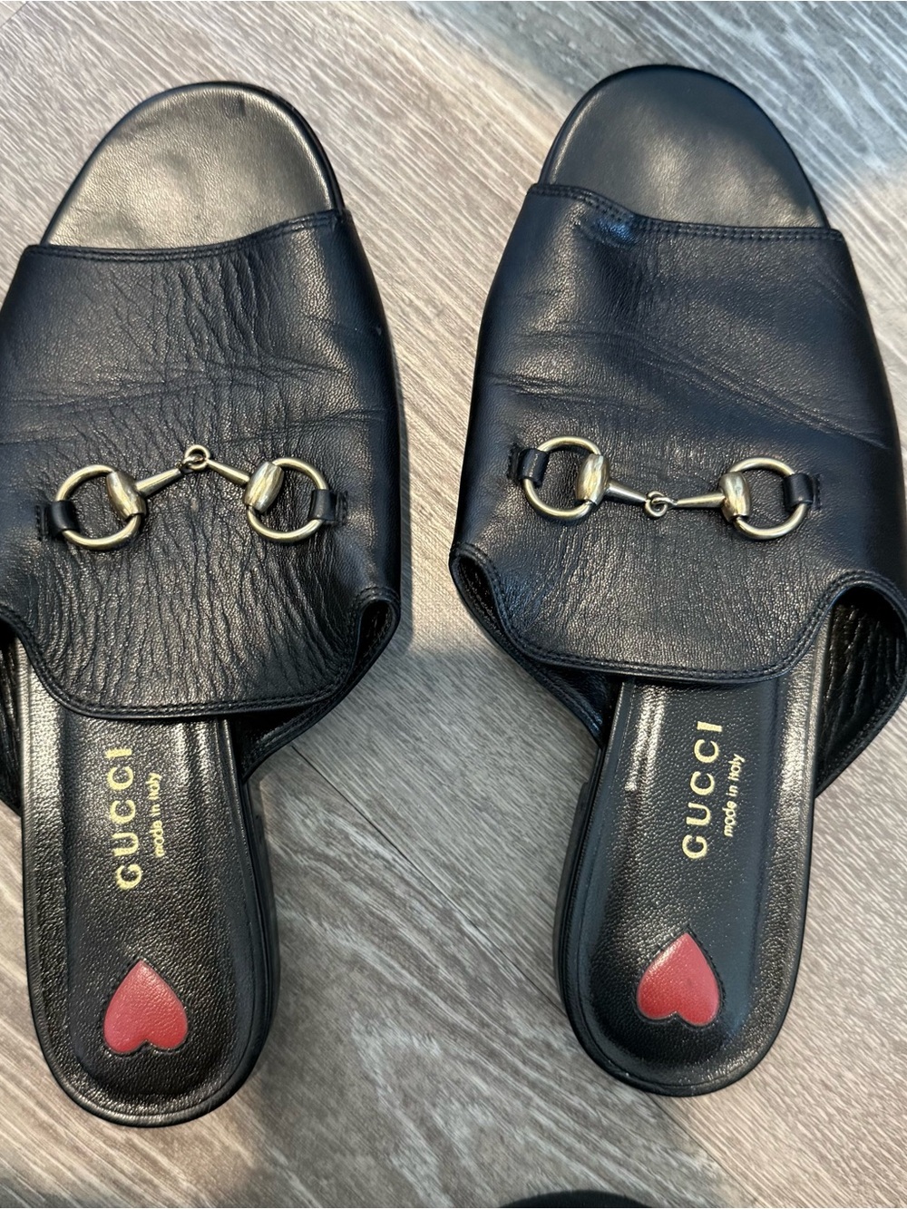 Gucci Black Leather Horsebit Mules with Red Heart Insole